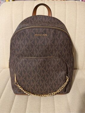 Michael Kors Jet Set Medium Backpack Brown MK Logo Gold Chain Pocket